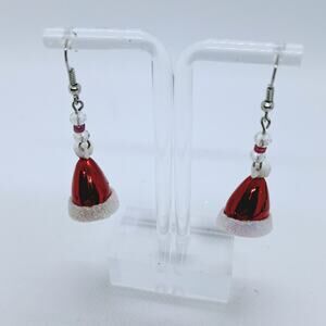 Santa Hat Christmas Earrings Red White Fishhook Ear Wires
